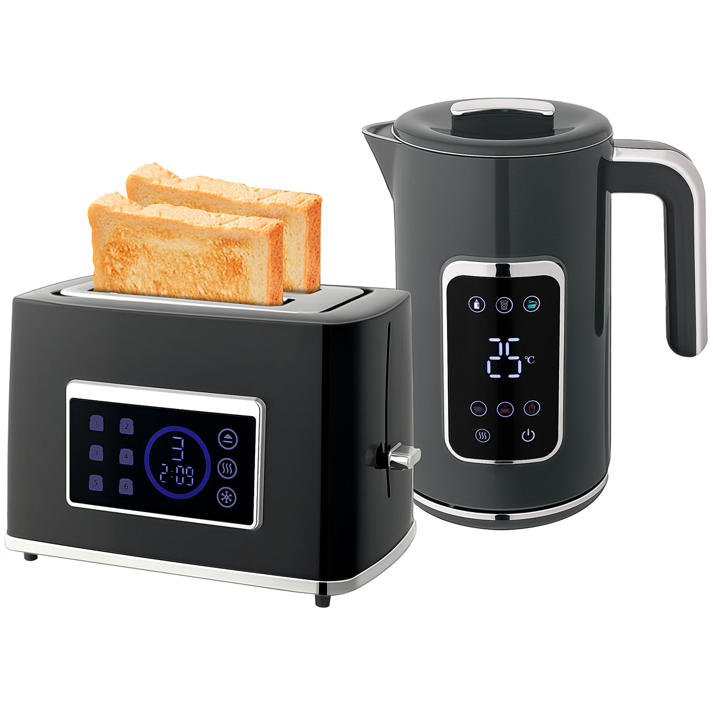 1.7L 3000W Rapid Boil Kettle and 2 Slice Toaster Set Crumb Tray Grey