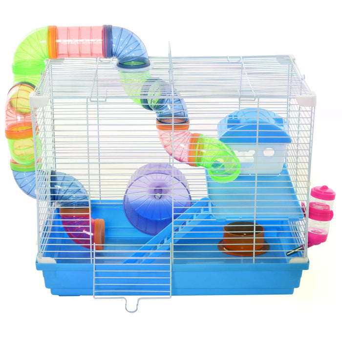 2 Tier Hamster Cage Carrier Habitat Small Animal House with Exercise Wheels Tunnel Tube Water Bottle Dishes House Ladder for Dwarf Mice, Blue