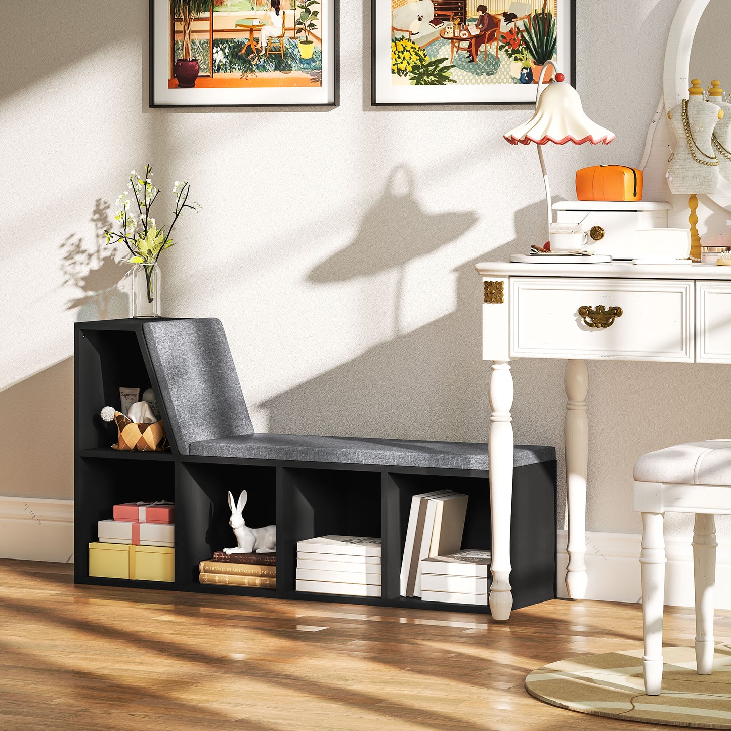 2 Tier Bookcase w/ Removable Cushions Storage Cabinet for Living Room