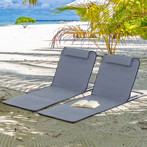 Set of 2 Foldable Garden Beach Chair Mat Lightweight Outdoor Sun Lounger Seats Adjustable Back Metal Frame PE Fabric Head Pillow, Grey