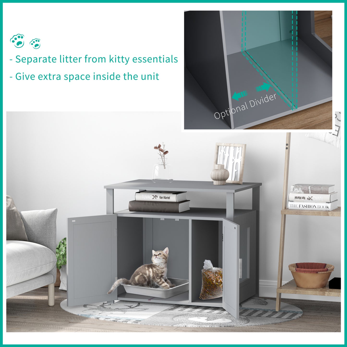 Wood Cat Litter Box Enclosure Furniture w/ Adjustable Interior Wall Grey