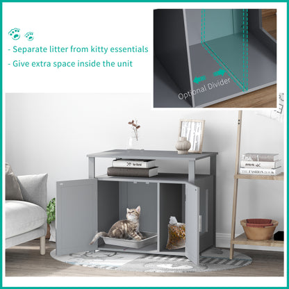Wood Cat Litter Box Enclosure Furniture w/ Adjustable Interior Wall Grey