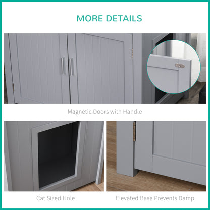 Wood Cat Litter Box Enclosure Furniture w/ Adjustable Interior Wall Grey