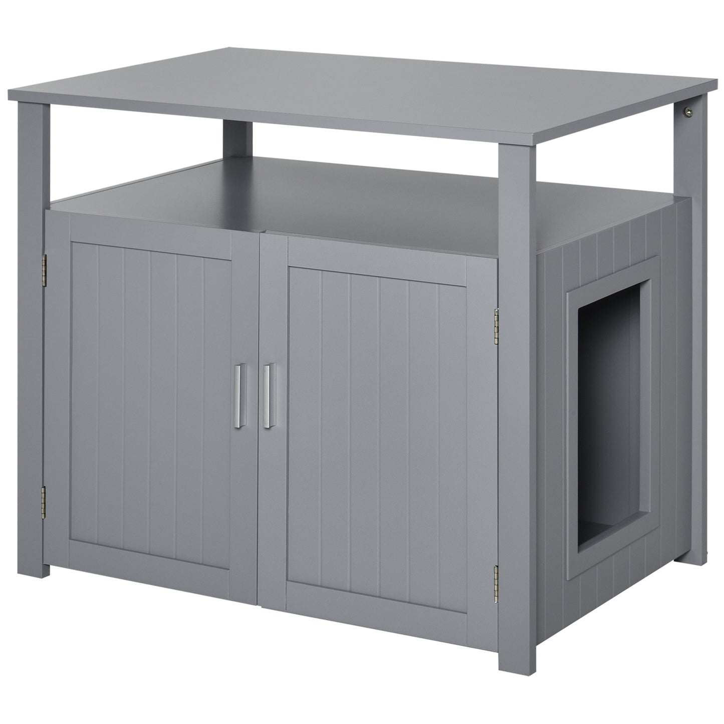 Wood Cat Litter Box Enclosure Furniture w/ Adjustable Interior Wall Grey