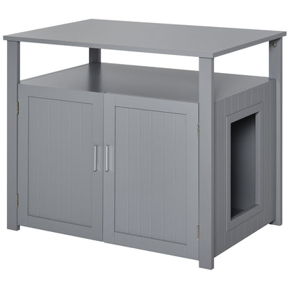 Wood Cat Litter Box Enclosure Furniture w/ Adjustable Interior Wall Grey