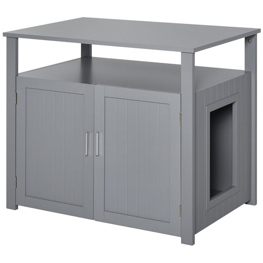 Wood Cat Litter Box Enclosure Furniture w/ Adjustable Interior Wall Grey
