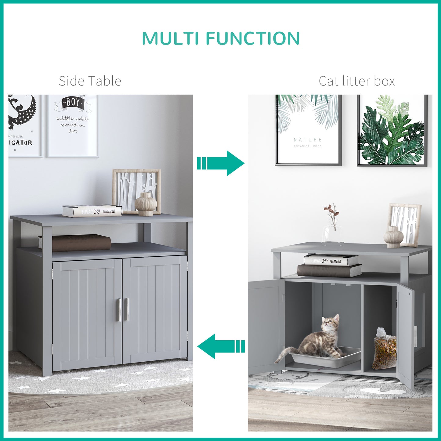 Wood Cat Litter Box Enclosure Furniture w/ Adjustable Interior Wall Grey