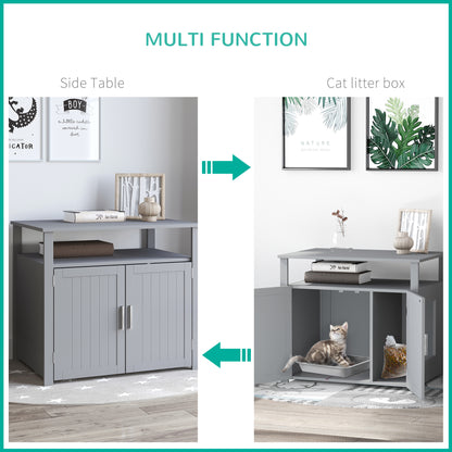 Wood Cat Litter Box Enclosure Furniture w/ Adjustable Interior Wall Grey