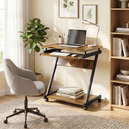 Mobile Computer Desk, Z-Shaped Writing Desk, PC Table for Small Spaces, Workstation with 4 Wheels & Sliding Keyboard for Home Office, Easy Assembly, Rustic Brown
