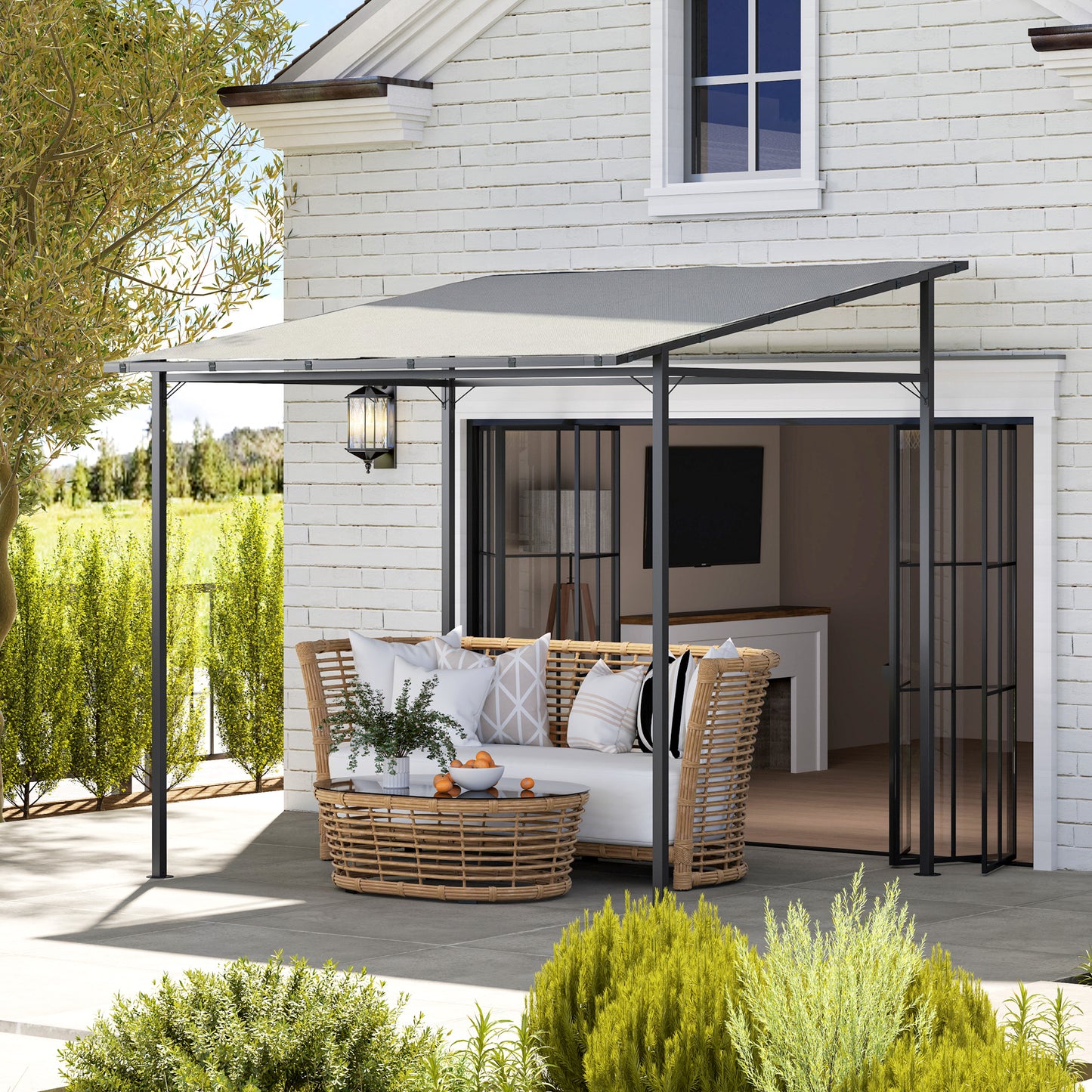 2.4 x 2.4 m Wall Mounted Pergola Gazebo, UPF30+, Light Grey