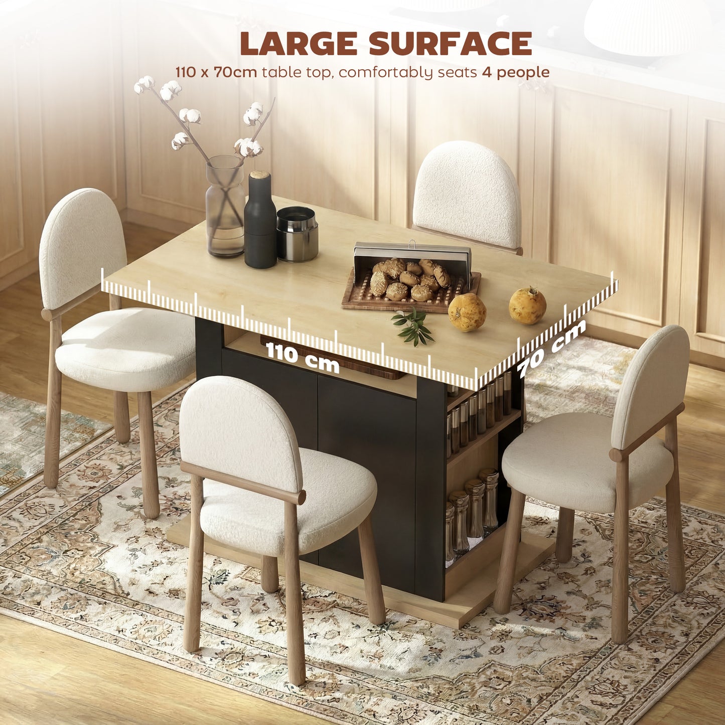 Kitchen Island with Storage Cabinet and Spice Rack, Black & Natural