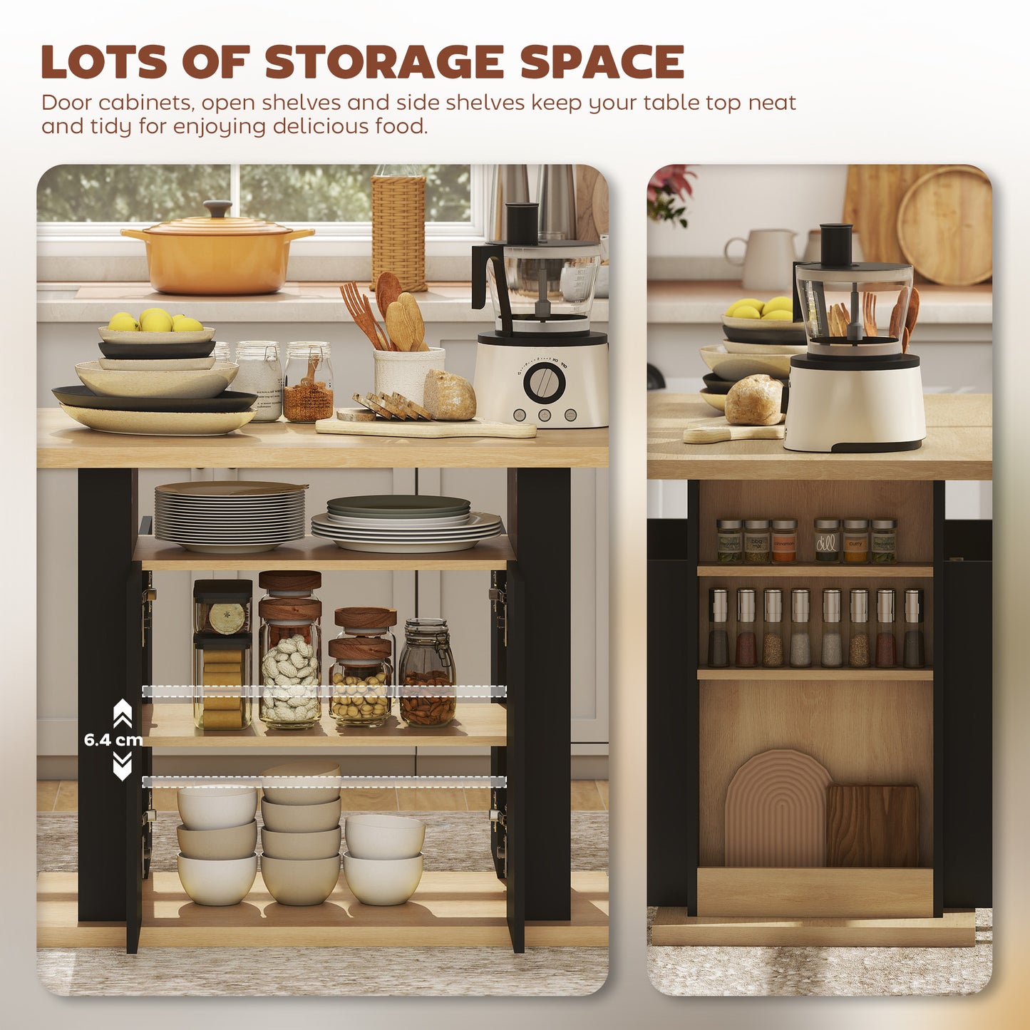 Kitchen Island with Storage Cabinet and Spice Rack, Black & Natural