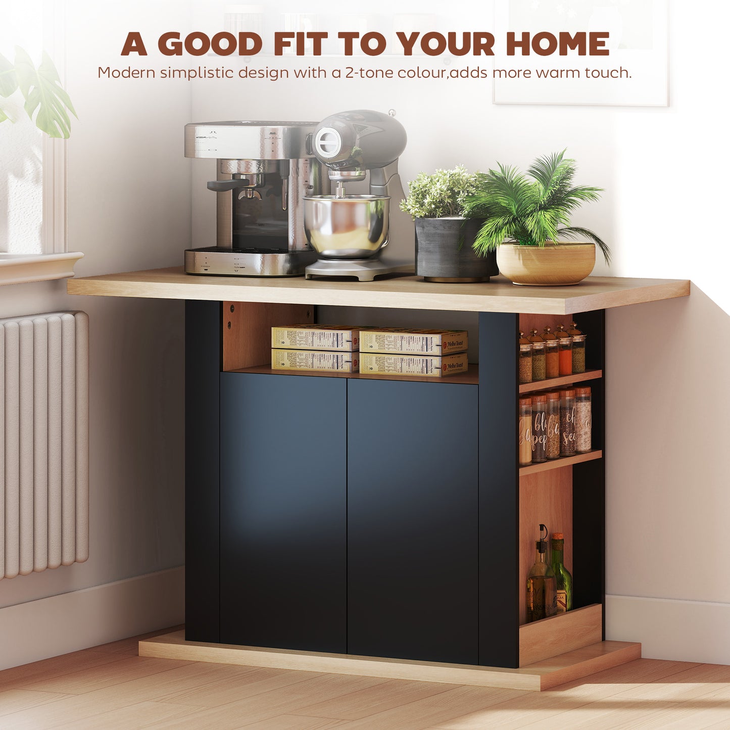 Kitchen Island with Storage Cabinet and Spice Rack, Black & Natural