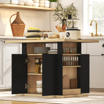 Kitchen Island with Storage Cabinet and Spice Rack, Black & Natural