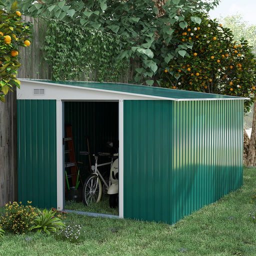 Garden Metal Storage Shed Outdoor Metal Tool House with Double Sliding Doors and 2 Air Vents, 11.3x9.2ft, Green