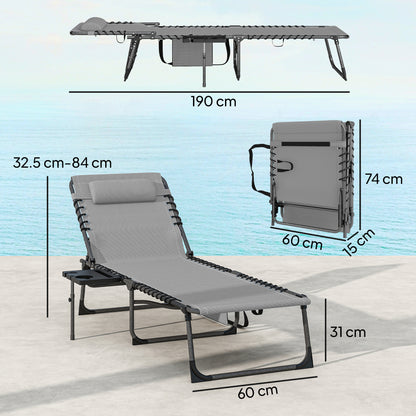 Folding Sun Loungers with 5-Level Back, Cup Holder, Grey