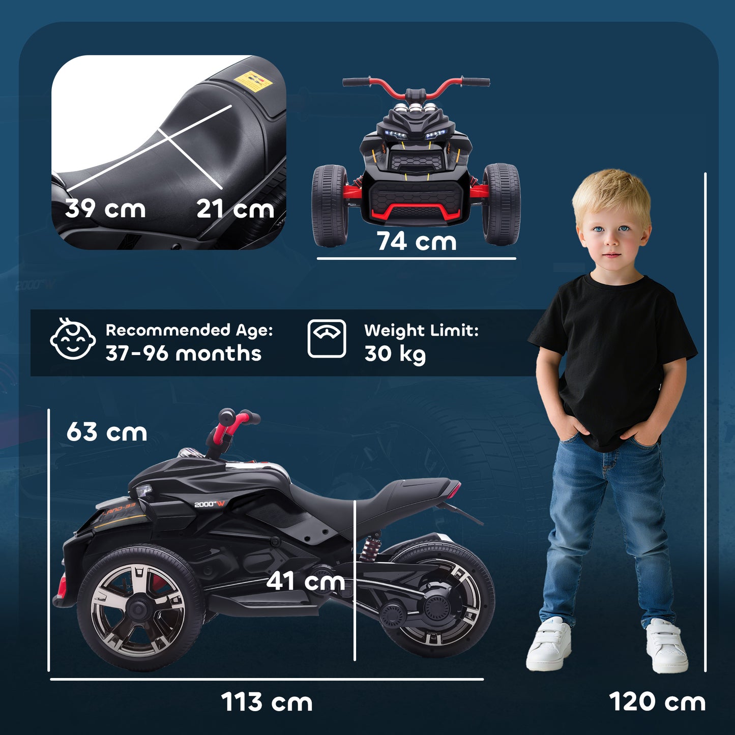 Kids Electric Ride On Car, 12V Battery Powered Ride On ATV with MP3 Player, Horn, 2 Speeds, LED Lights, 3 Wheeler Electric Vehicle Toy Car for Boys & Girls Ages 3-8, Black