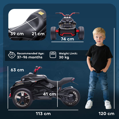 Kids Electric Ride On Car, 12V Battery Powered Ride On ATV with MP3 Player, Horn, 2 Speeds, LED Lights, 3 Wheeler Electric Vehicle Toy Car for Boys & Girls Ages 3-8, Black