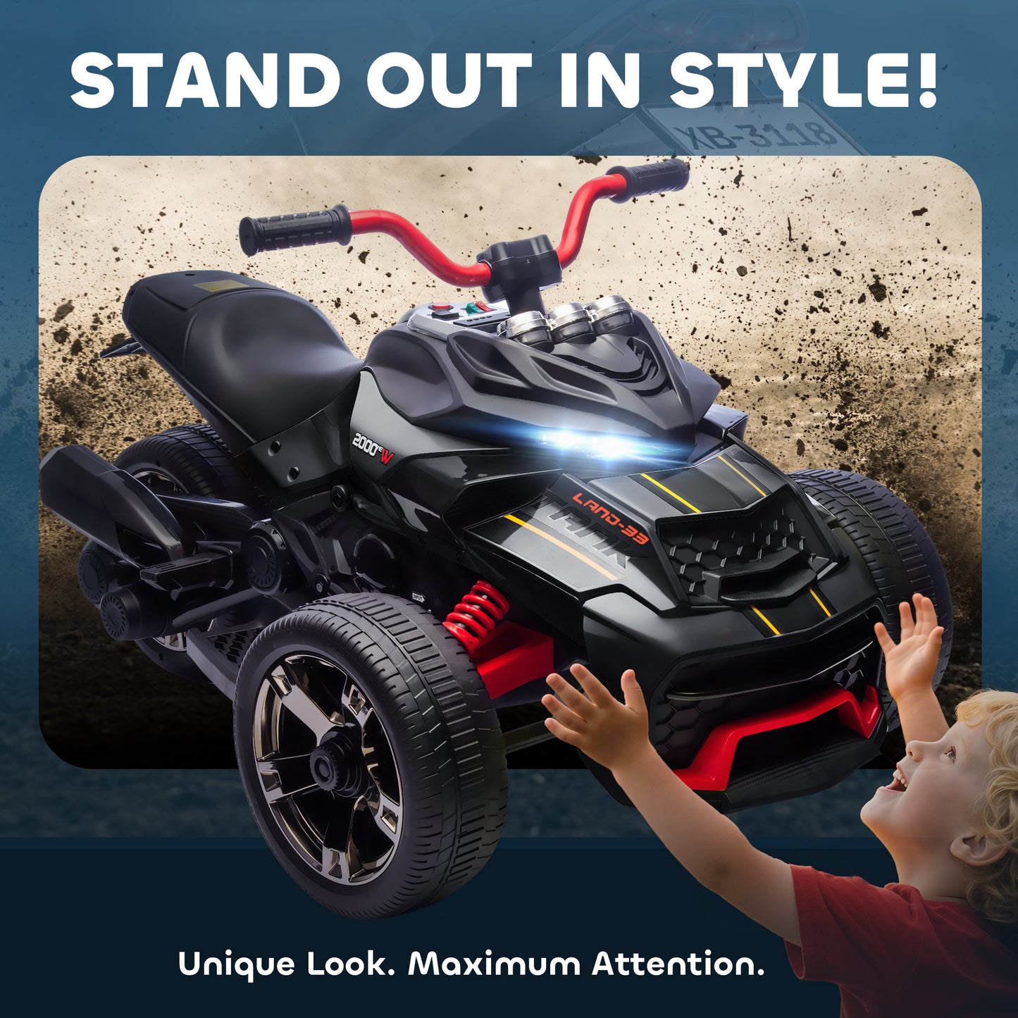 Kids Electric Ride On Car, 12V Battery Powered Ride On ATV with MP3 Player, Horn, 2 Speeds, LED Lights, 3 Wheeler Electric Vehicle Toy Car for Boys & Girls Ages 3-8, Black