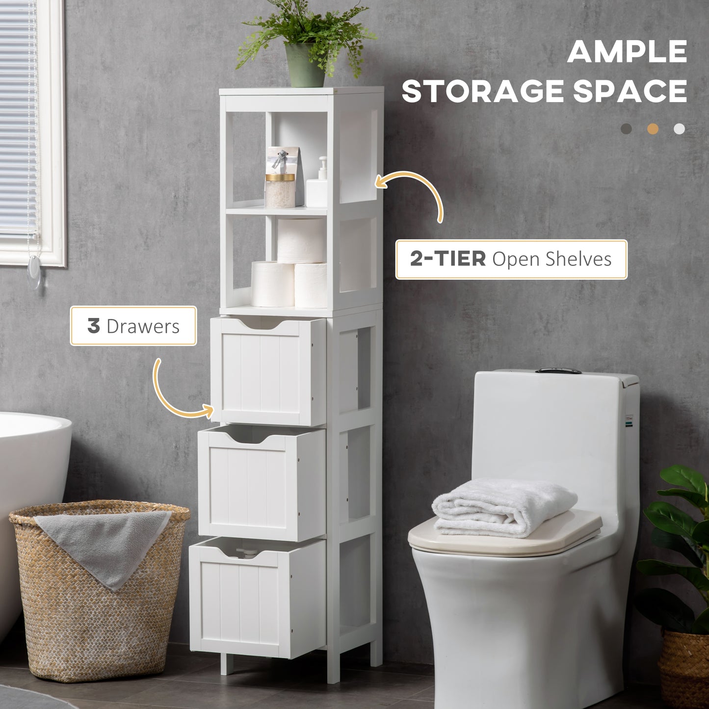 Tall Bathroom Cabinet, Slim Bathroom Storage Unit, Freestanding Narrow Floor Cabinet with 3 Drawers and 2 Open Shelves