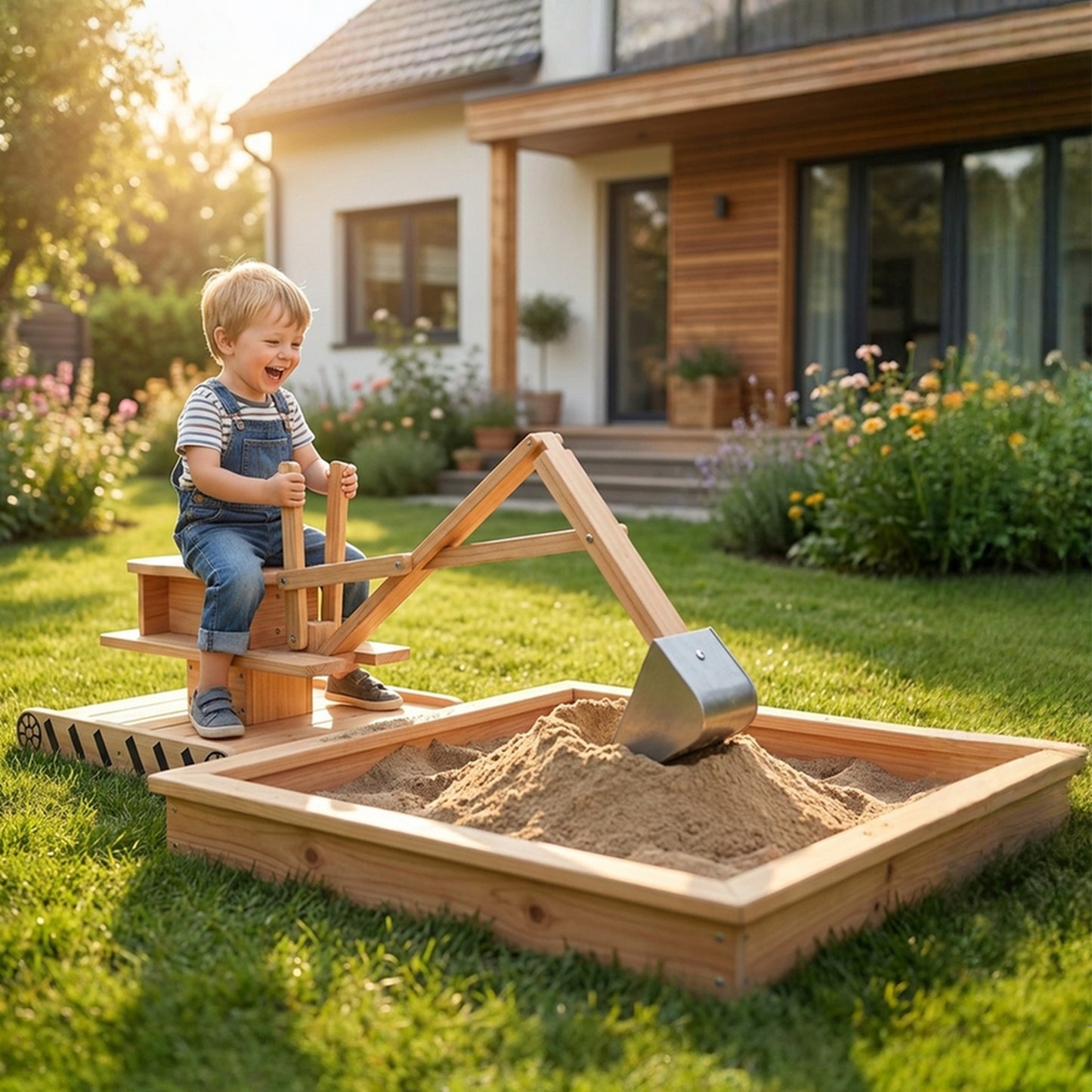 Wooden Sandbox with Digger 360° Swivel Seat