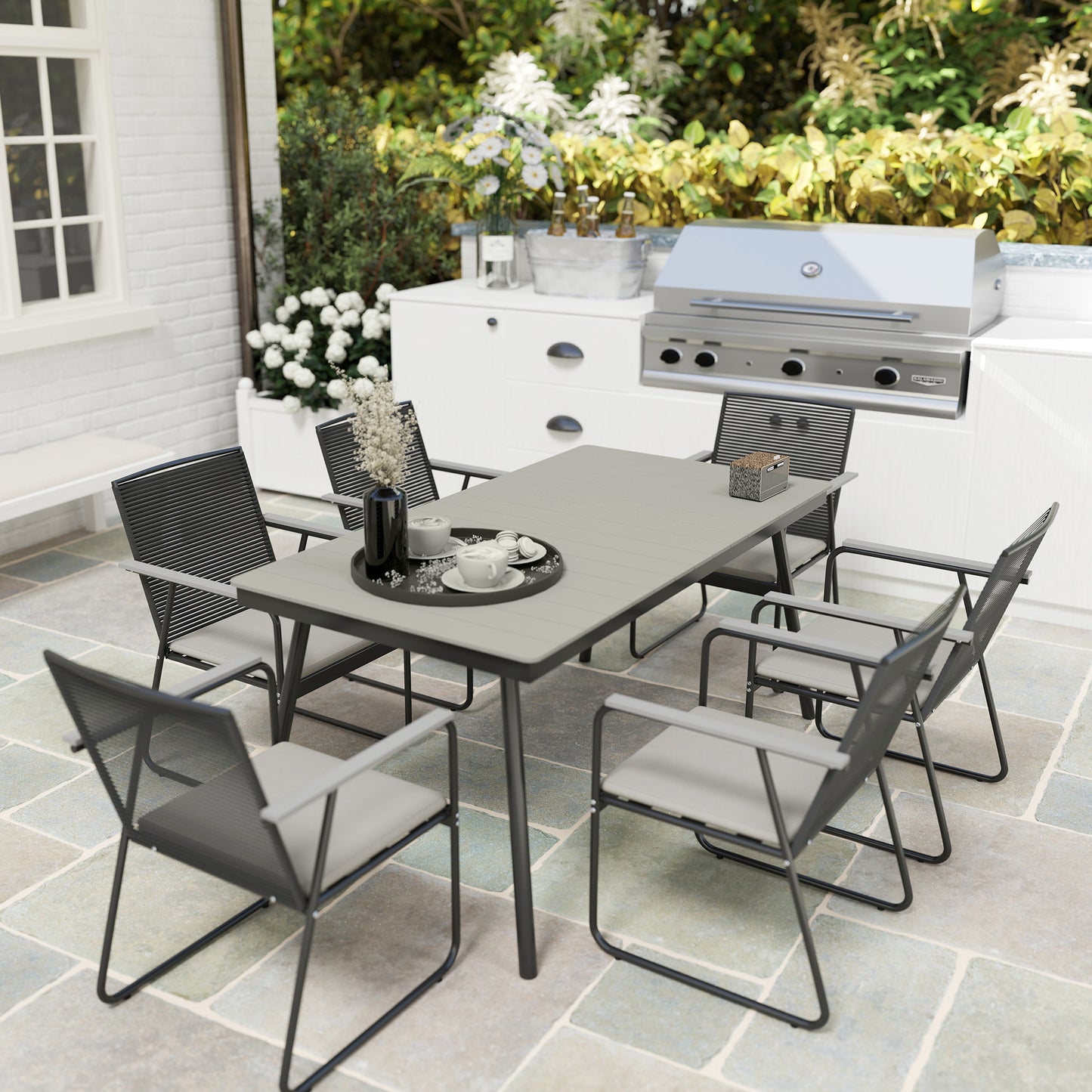 6 Seater Garden Dining Set with Cushions Rattan Backrest, Grey