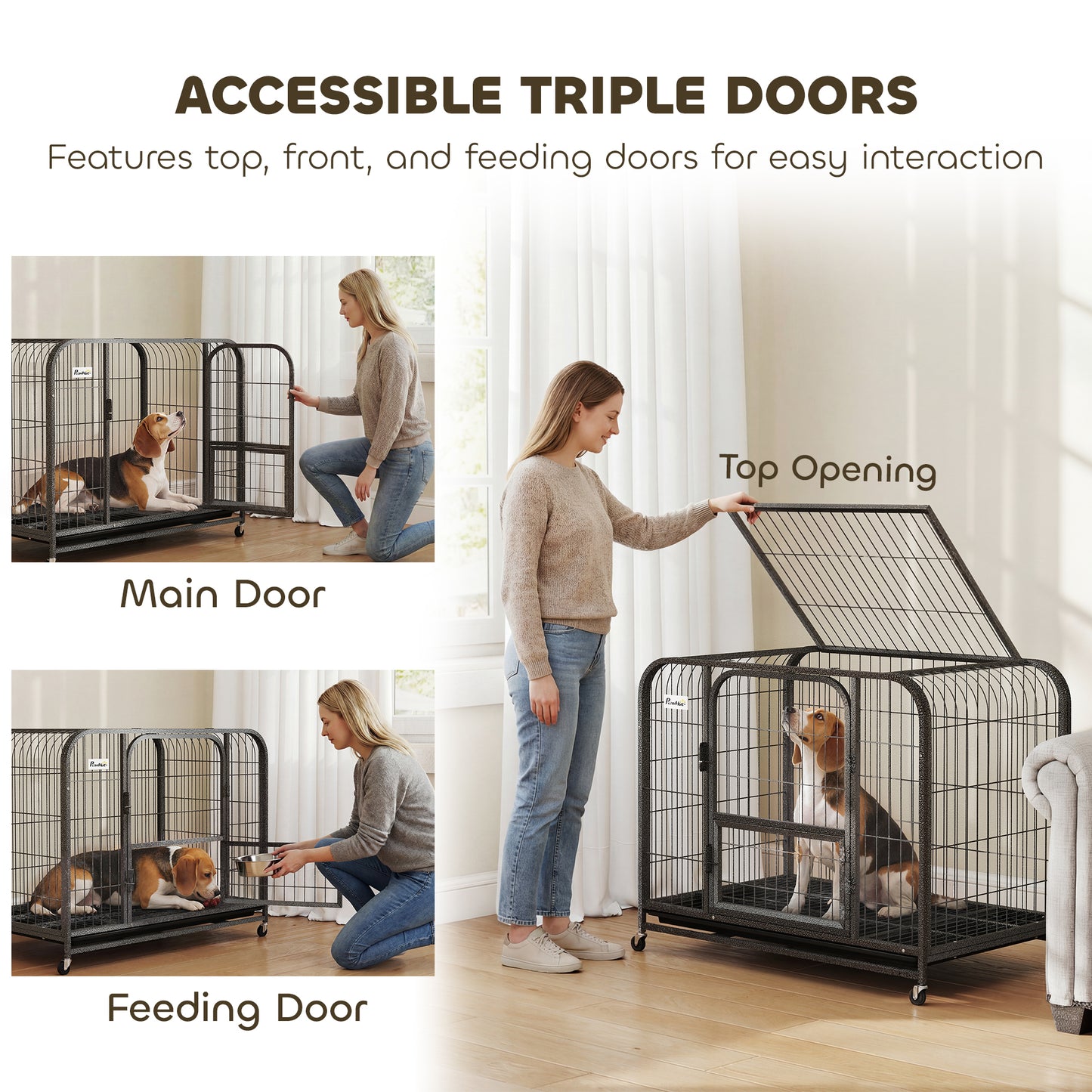 Heavy Duty Dog Crate, Large Dog Cage with Wheels and Tray