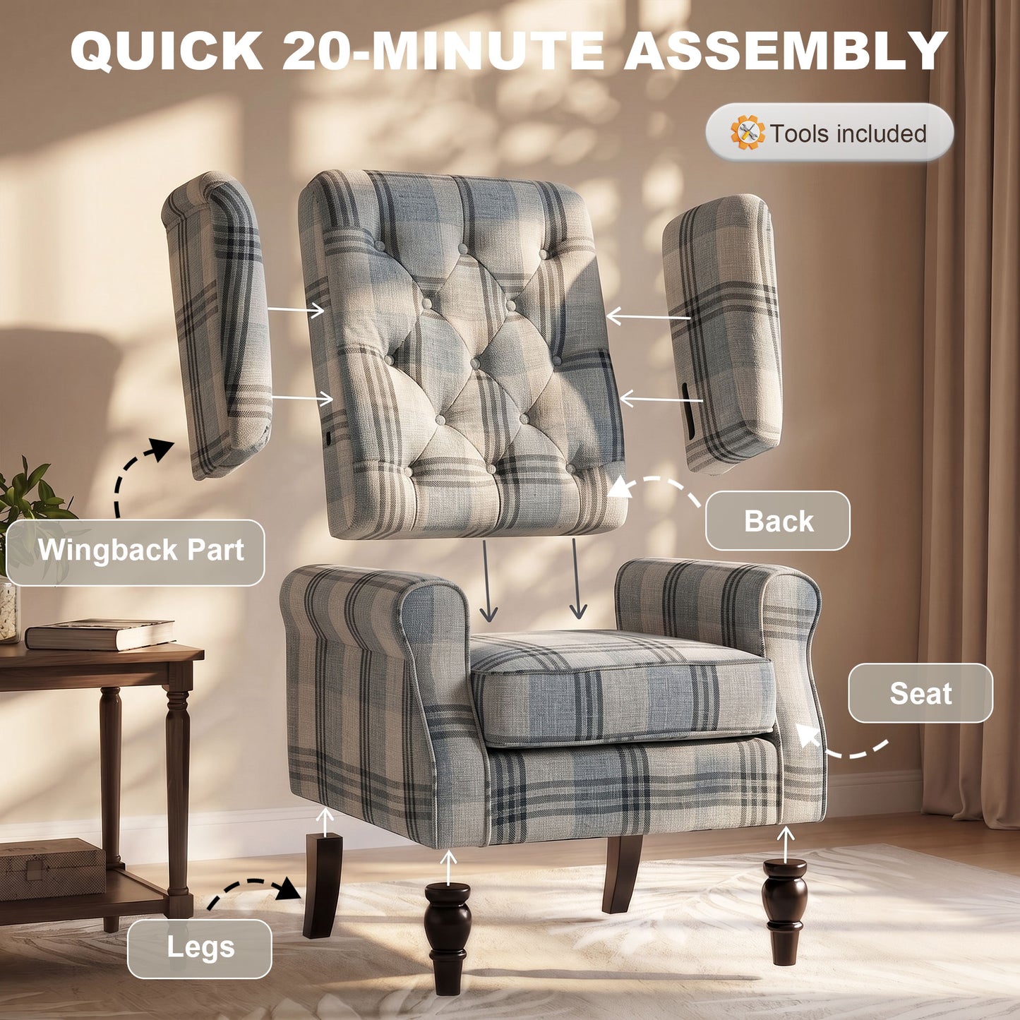 Accent Chair Wingback Armchair Retro Tufted Club Wood Fabric, Mixed
