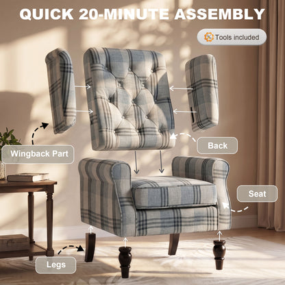 Accent Chair Wingback Armchair Retro Tufted Club Wood Fabric, Mixed