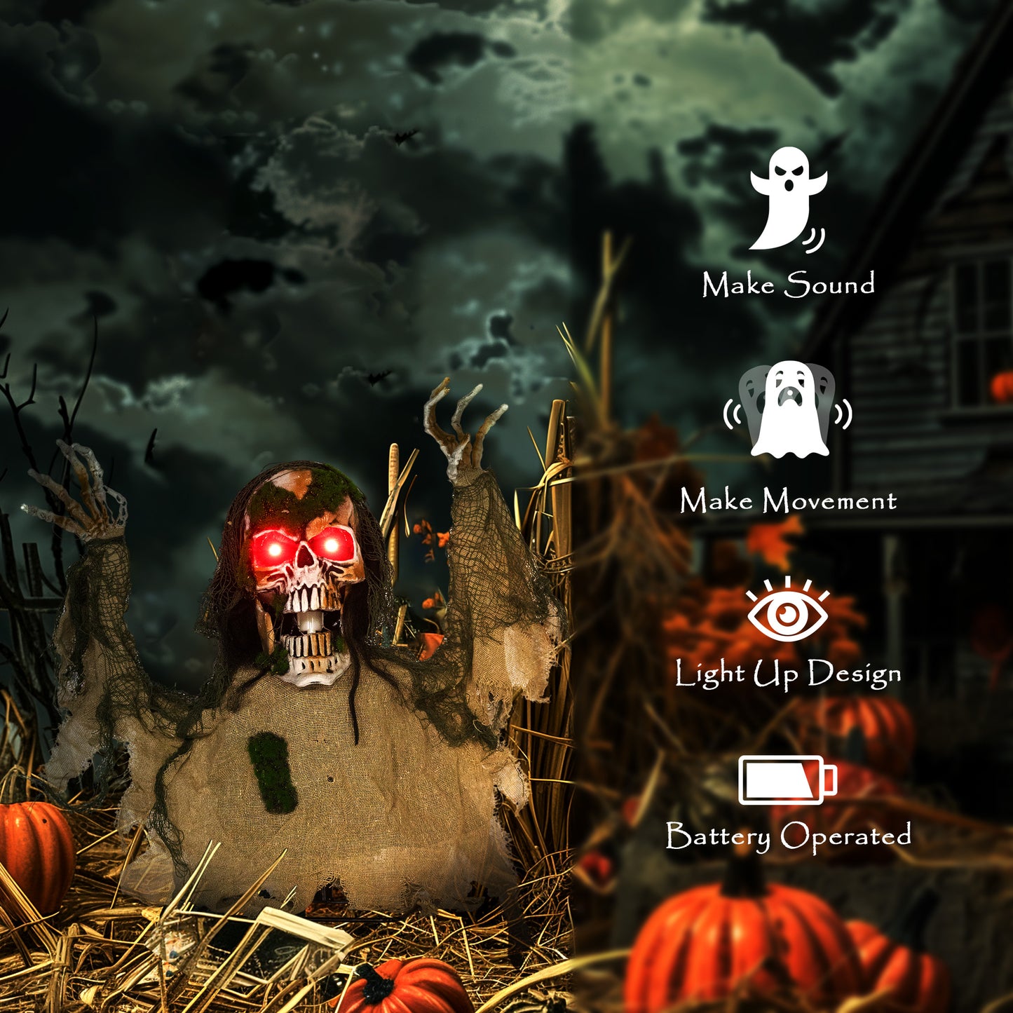 Voice Activated Halloween Animatronics Skeleton, Battery Operated