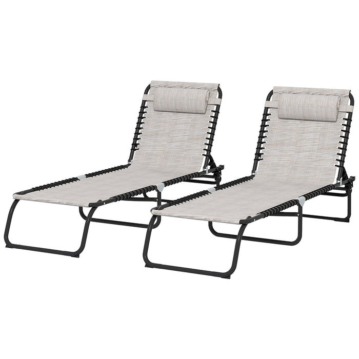 2 Pcs Folding Sun Lounger Beach Chaise Chair Garden Cot Camping Recliner with 4 Position Adjustable Cream White