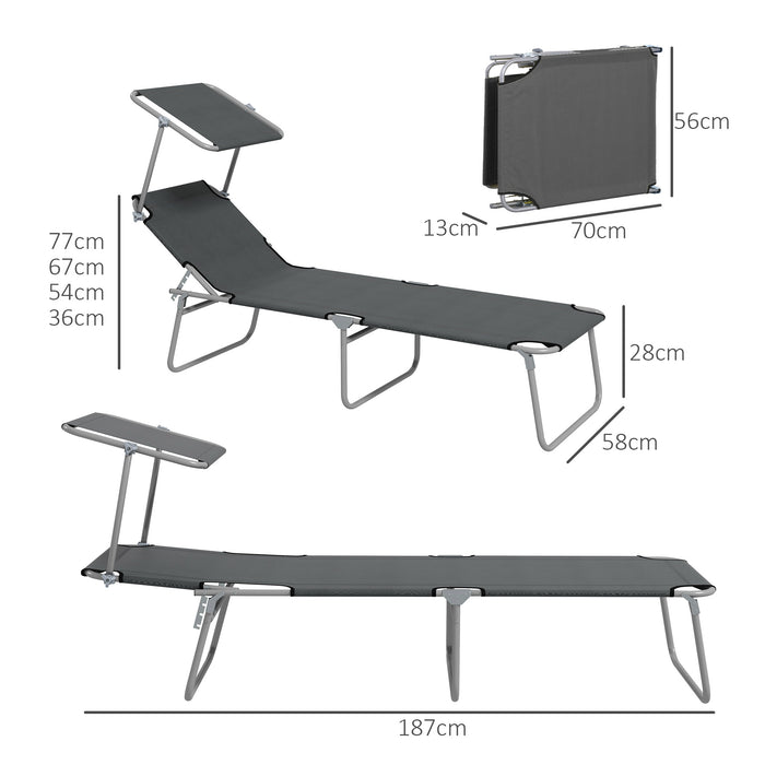 Outdoor Foldable Sun Lounger Set of 2, 4 Level Adjustable Backrest Reclining Sun Lounger Chair with Angle Adjust Sun Shade Awning for Beach, Garden, Patio, Grey