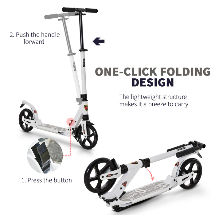 Folding Kick Scooter 2 Big Wheels Teens Adult 14+ Adjustable Ride On White