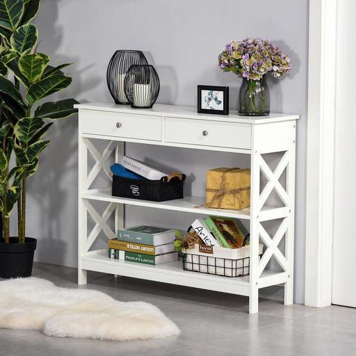 Console Table Side Desk Shelves Drawers Open Top X Support Hallway White