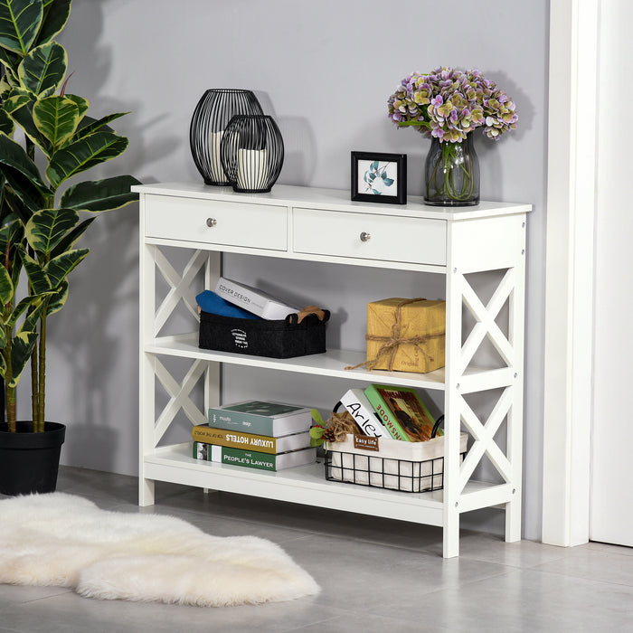 Console Table Side Desk Shelves Drawers Open Top X Support Hallway White