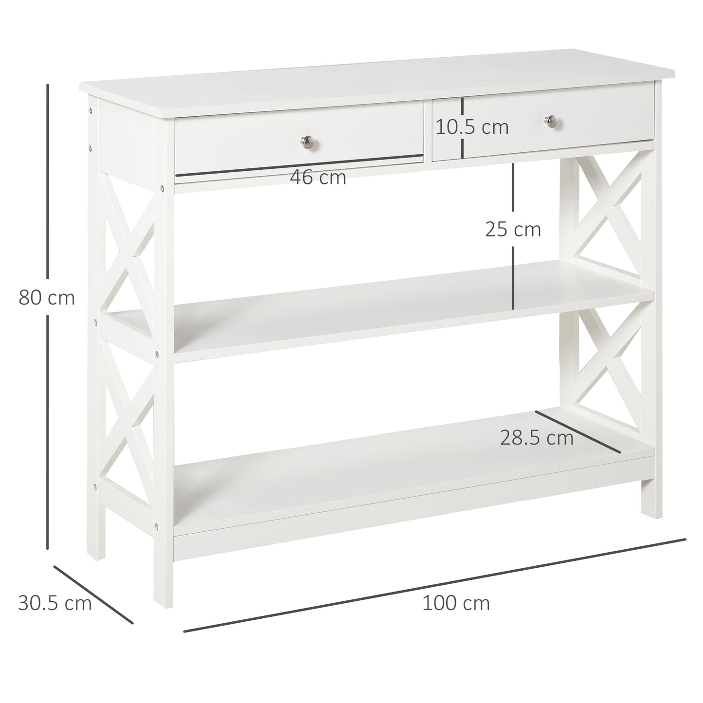 Console Table Side Desk Shelves Drawers Open Top X Support Hallway White
