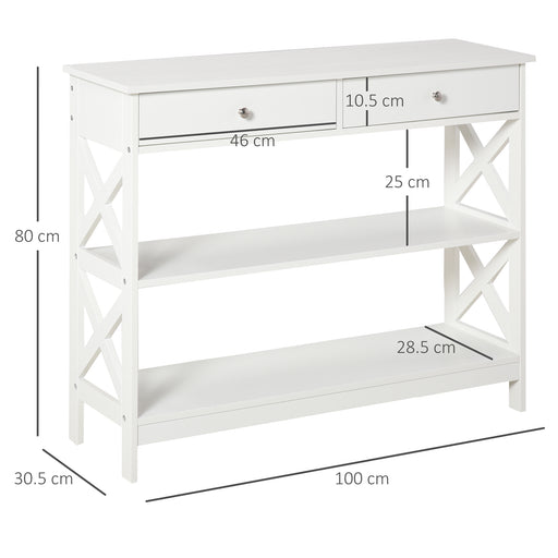 Console Table Side Desk Shelves Drawers Open Top X Support Hallway White