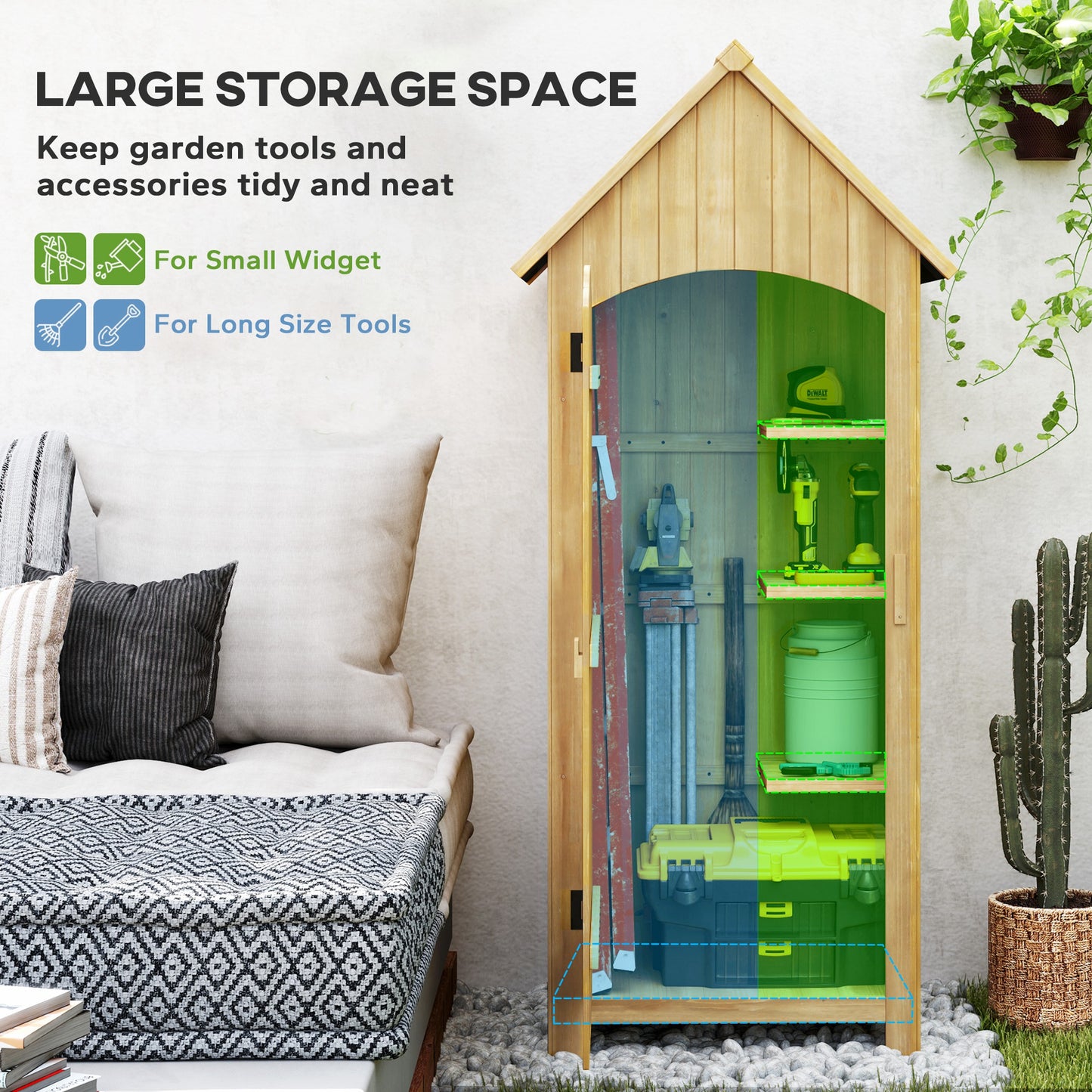 Wooden Garden Storage Shed with 3 Shelves, Outdoor Tool Storage Cabinet with Tilt Roof and Lockable Door, 77.5 x 54.2 x 179.5 cm, Natural