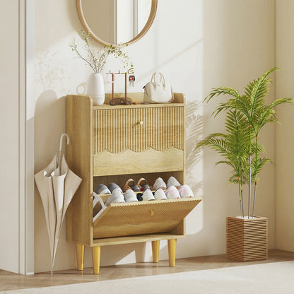 Narrow Shoe Cabinet, Shoe Storage Cabinet with 2 Flip Drawers, Oak