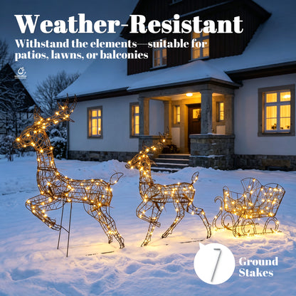 3-Piece Christmas Lighted Reindeer and Sleigh Set for Outdoor