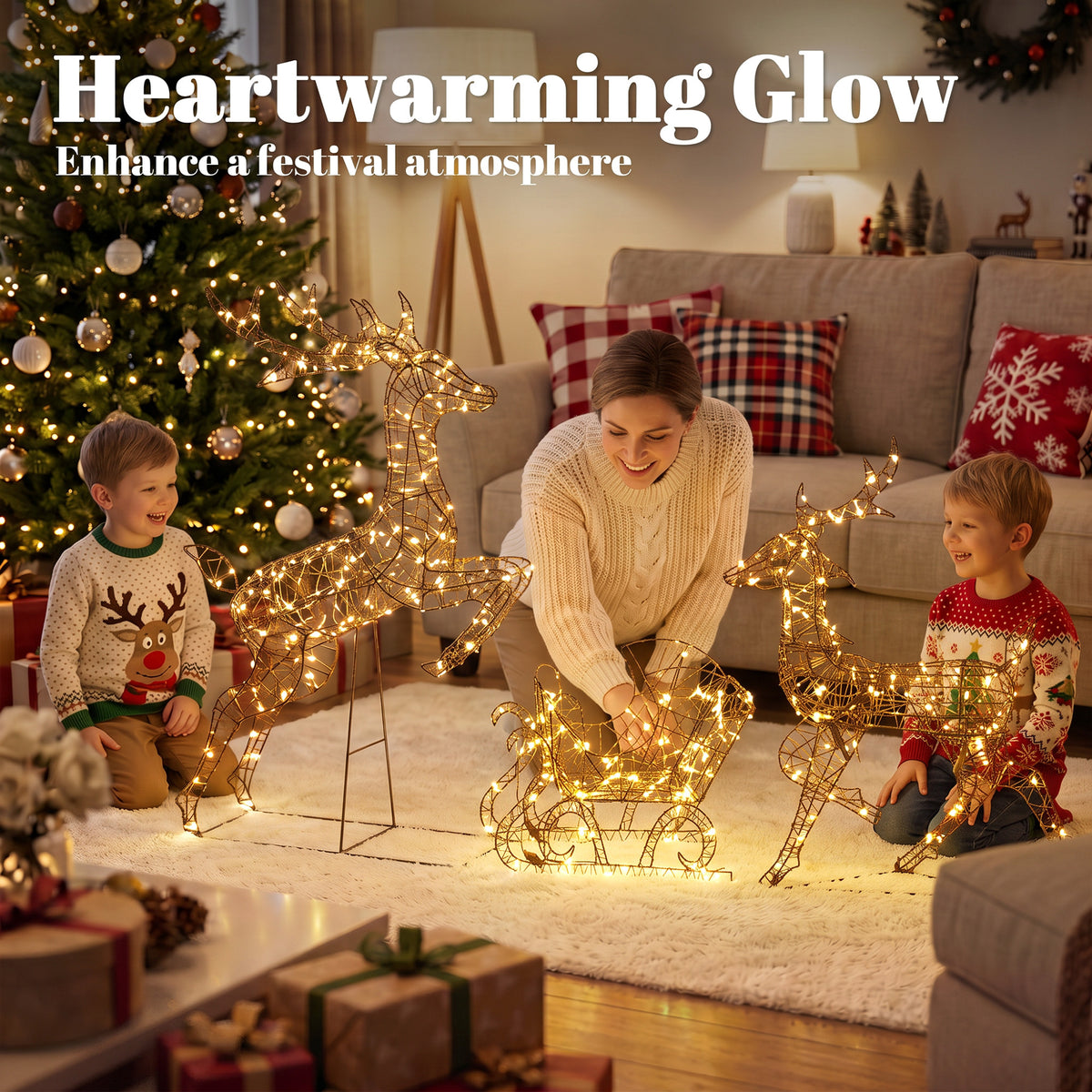 3-Piece Christmas Lighted Reindeer and Sleigh Set for Outdoor