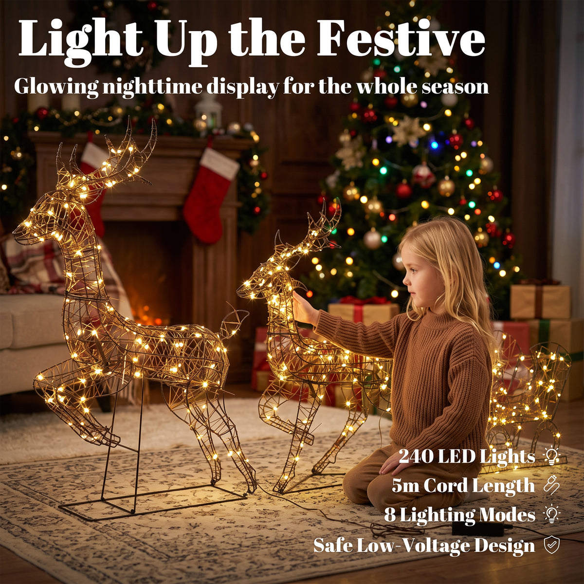 3-Piece Christmas Lighted Reindeer and Sleigh Set for Outdoor