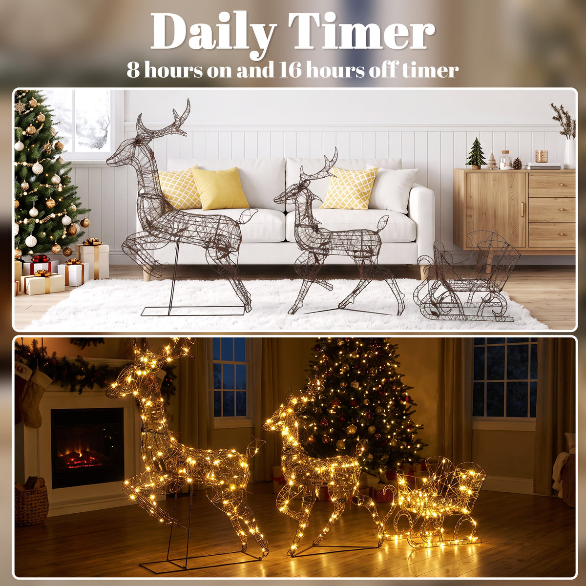 3-Piece Christmas Lighted Reindeer and Sleigh Set for Outdoor