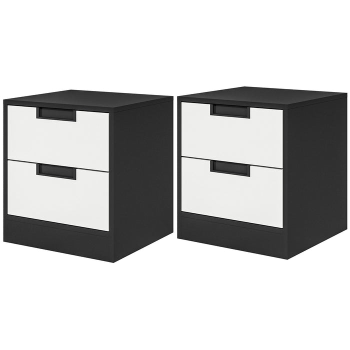 Bedside Tables Set of 2, Nightstands with 2 Drawers, Modern Bedside Cabinets with Storage for Bedroom, Living Room, White and Black