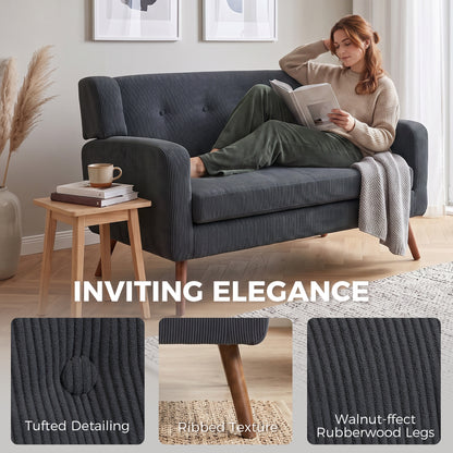 2 Seater Sofa, 118 cm Corduroy Small Loveseat Sofa, Dark Grey