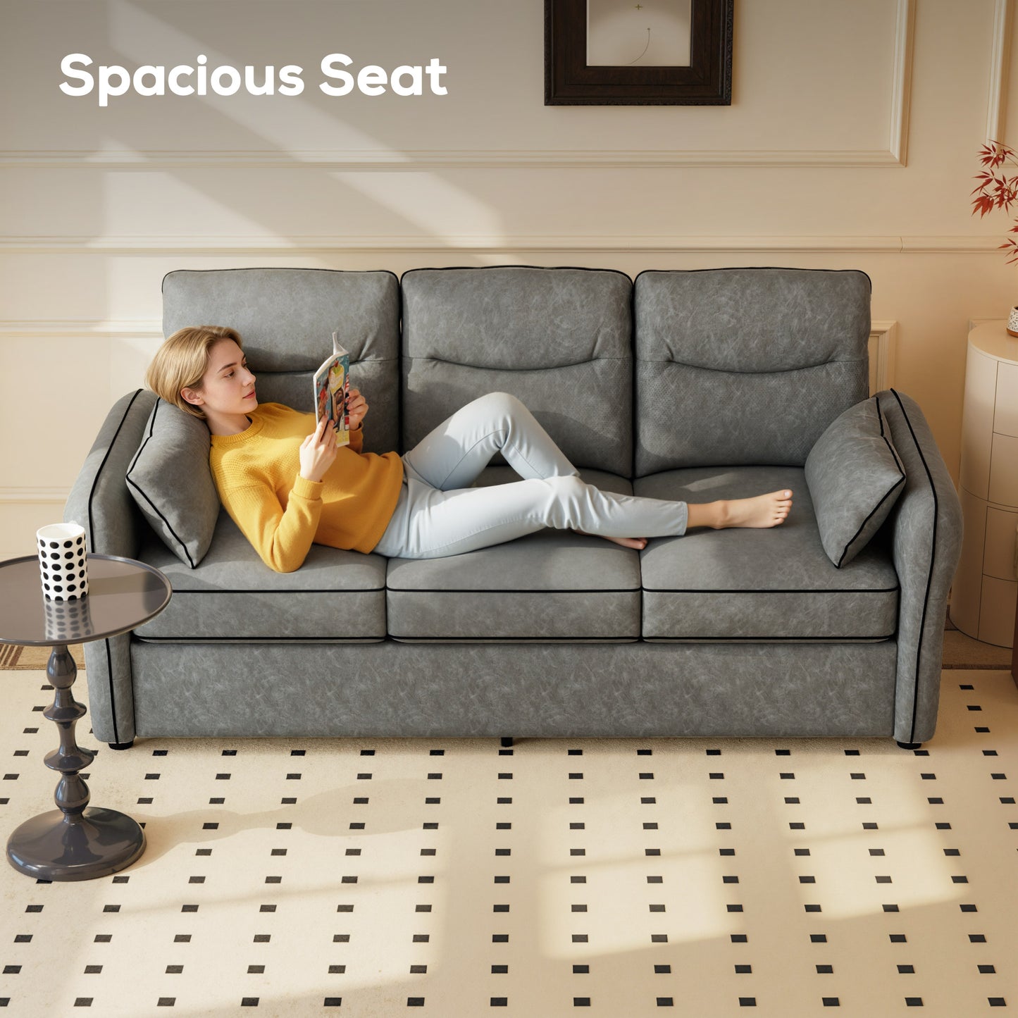 3 Seater Sofa, Faux Leather Couch with Thicken Cushion, Grey