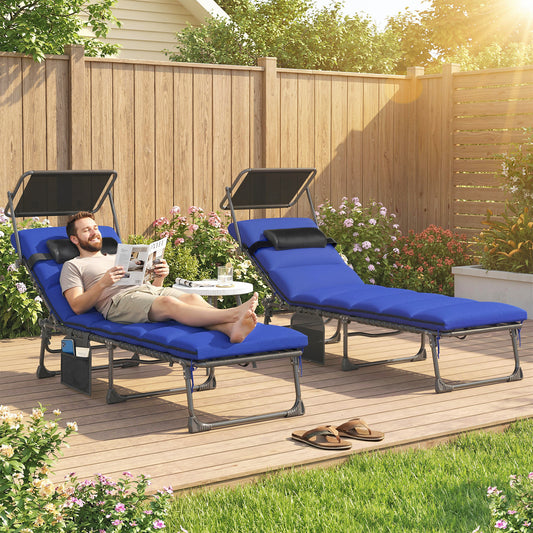 Folding Sun Loungers Set of 2, Sun Bed with Canopy, Dark Blue