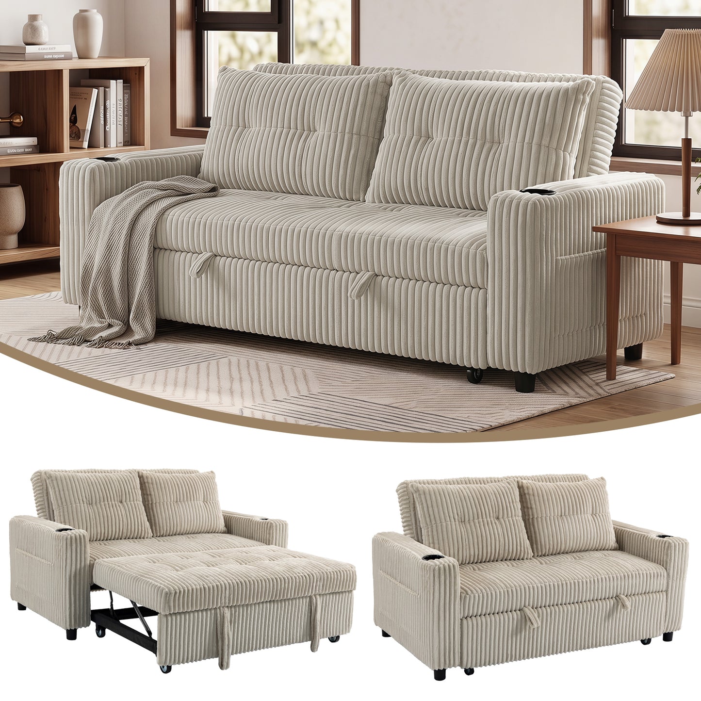 3-in-1 2 Seater Sofa Bed, Convertible Sleeper Sofa with Adjustable Backrest, Corduroy Pull Out Loveseat Bed with 2 Pillows, Side Pockets and Cup Holders for Living Room, Bedroom, Cream White