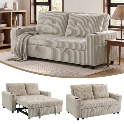 3-in-1 2 Seater Sofa Bed, Convertible Sleeper Sofa with Adjustable Backrest, Corduroy Pull Out Loveseat Bed with 2 Pillows, Side Pockets and Cup Holders for Living Room, Bedroom, Cream White