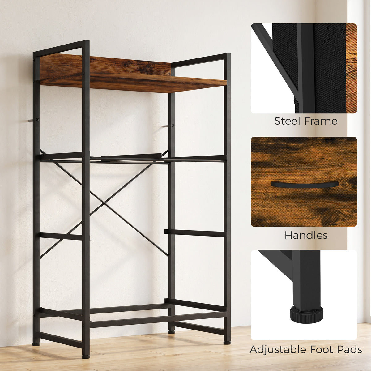 4-Drawer Fabric Chest with Top Shelf and Steel Frame - Rustic Brown & Black